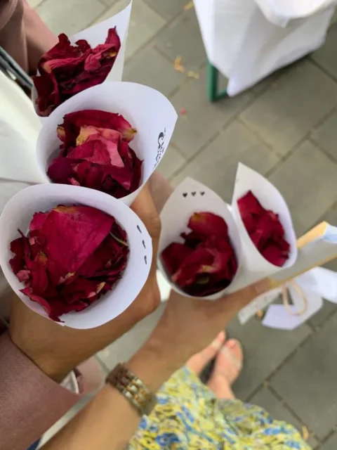 Personen halten Tüten mit roten Blütenblättern, wahrscheinlich für eine Hochzeit. Naheaufnahme von oben.