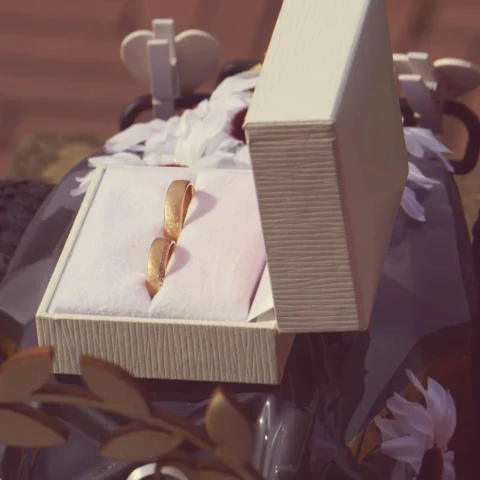 Zwei goldene Trauringe in einer offenen Schmuckschatulle, bereit für die Hochzeitszeremonie.